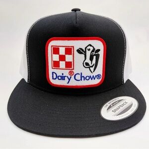 Dairy Chow Cattleman Rancher Hat Embroidered Patch Flat Bill Mesh Snapback Cap